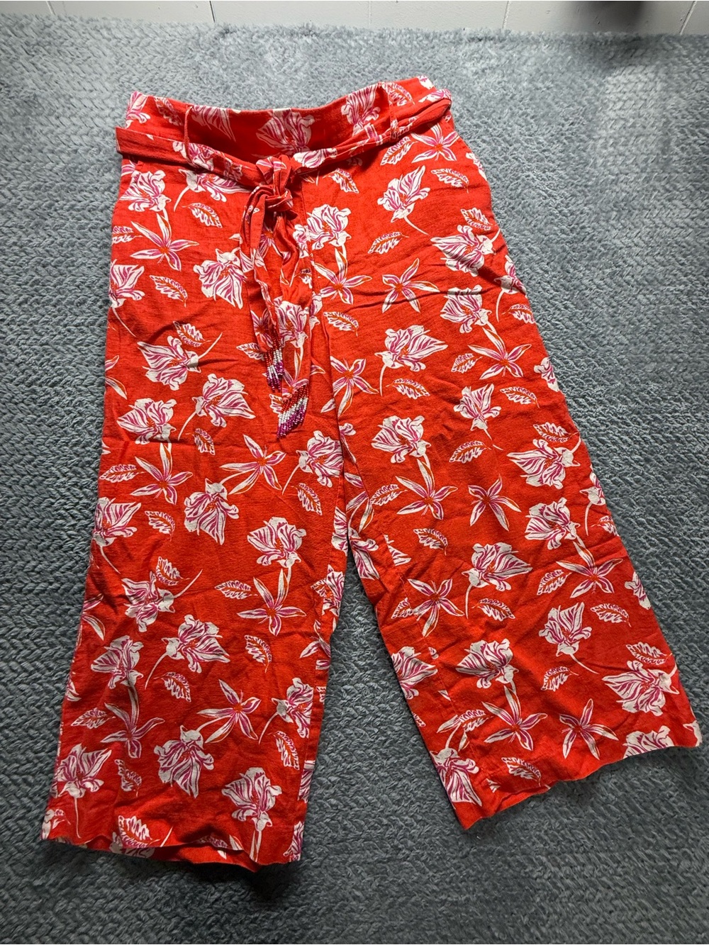 Maison D’Amelie Pants Women L Red Floral Linen Blend Wide Leg Crop Belted